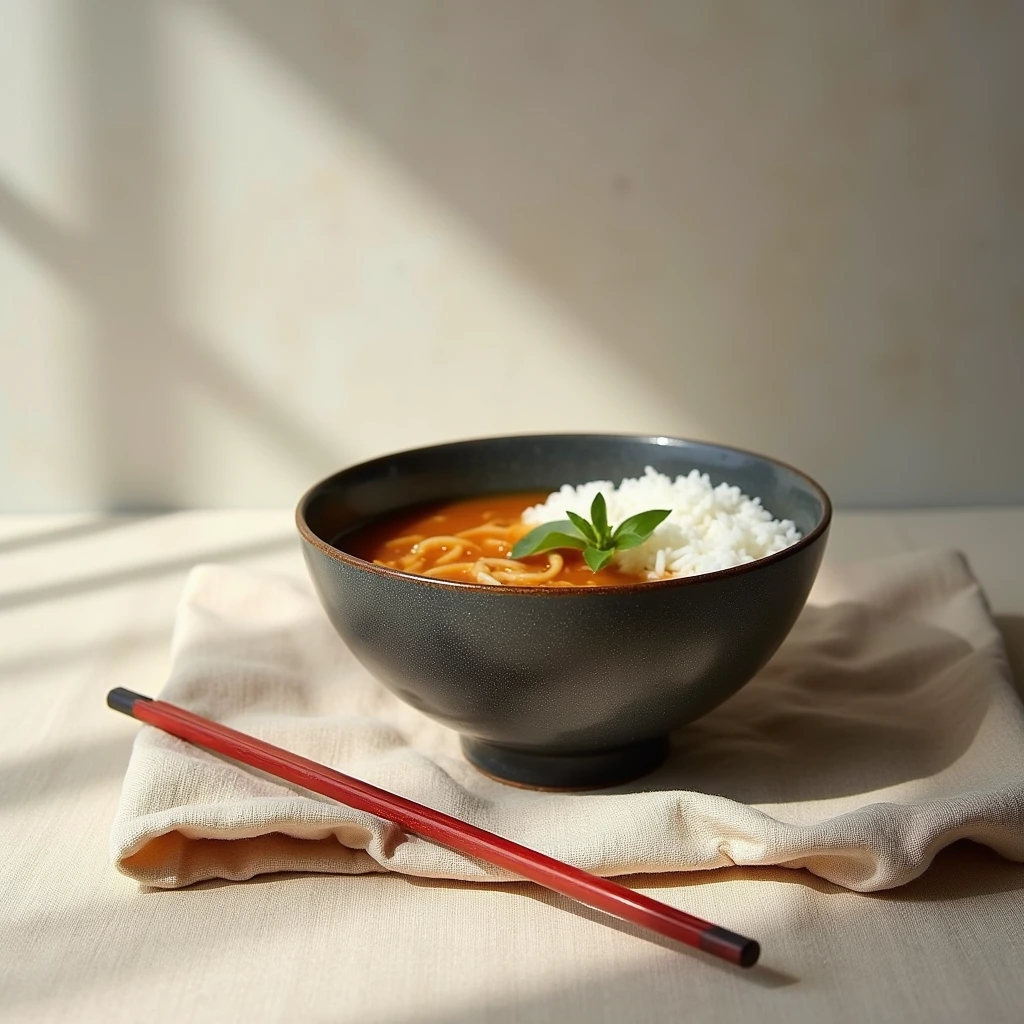 AI-created editorial illustration of a dark bowl with red broth, rice and greens